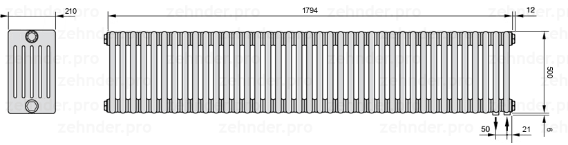 Схема (чертеж) Радиатор Zehnder Charleston 6050/39 №5510 Белый глянцевый RAL 9016